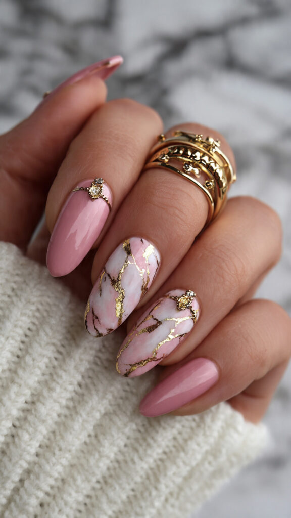 Nude Almond Nails with Blood Splatter and Gold Veins