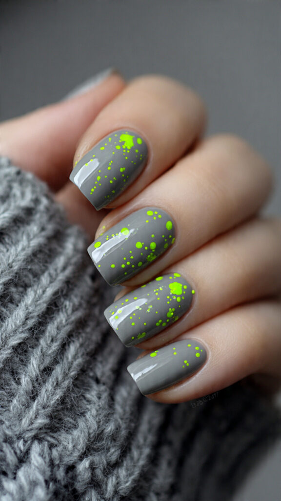 10 glossy gray nails with slime splatter