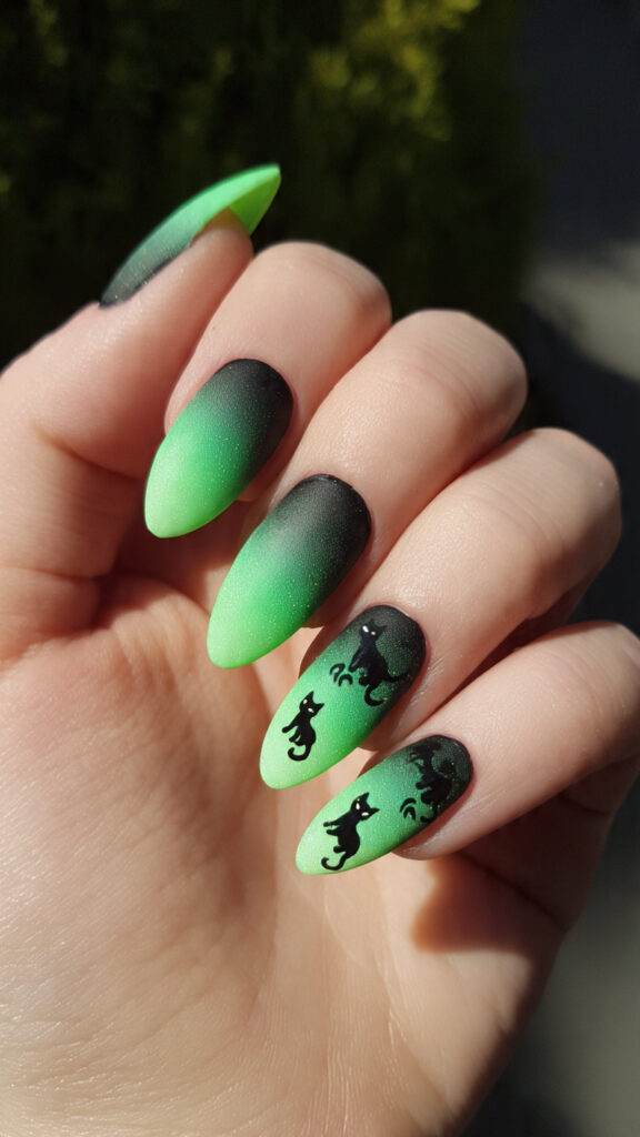 Matte Green Ombre Nails With Cat Silhouettes
