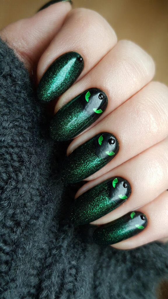  Green Cat Eyes on Deep Emerald Nails