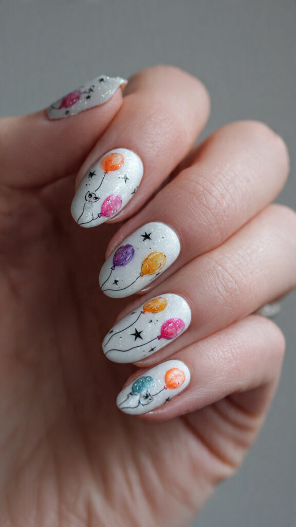 Balloon Cat Nail Art on Sparkly White Base