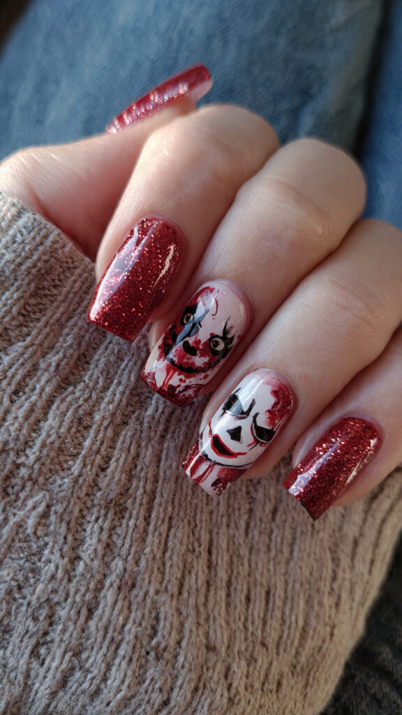 20 Spooky Nails to Try This Halloween: Creepy, Cute, and Stylish Ideas 14 13 red glitter square nails with horror