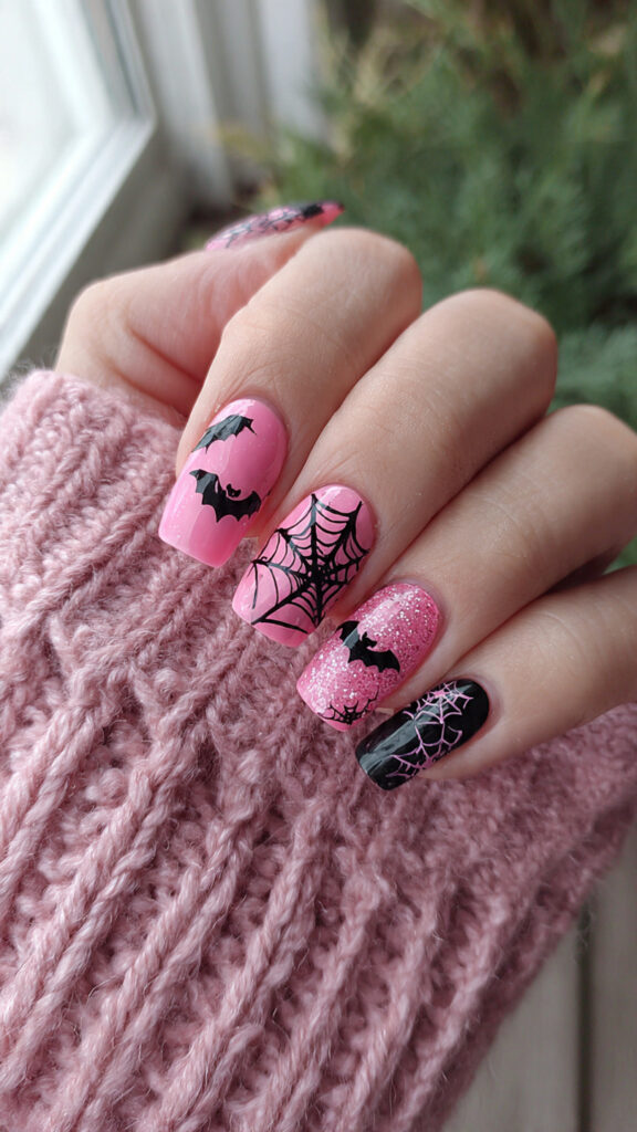 Pink and Black Cat Nails With Webbed Accents