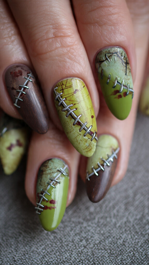 14 stitched up zombie skin nails combine green and