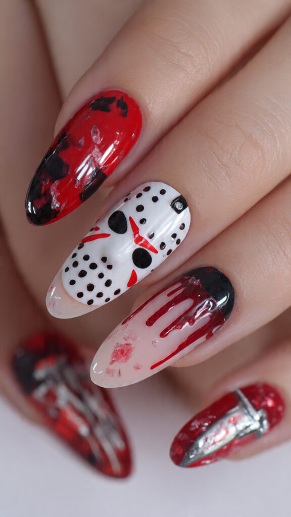 Mixed Halloween Nails With Jason Mask and Red Drips