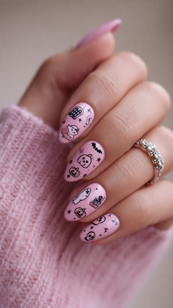 Pink Mixed Halloween Icons Nails