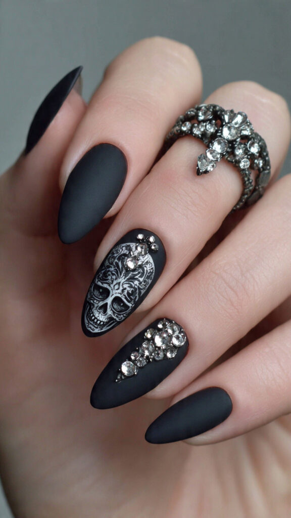 20 Spooky Nails to Try This Halloween: Creepy, Cute, and Stylish Ideas 19 18 matte black almond nails with skull