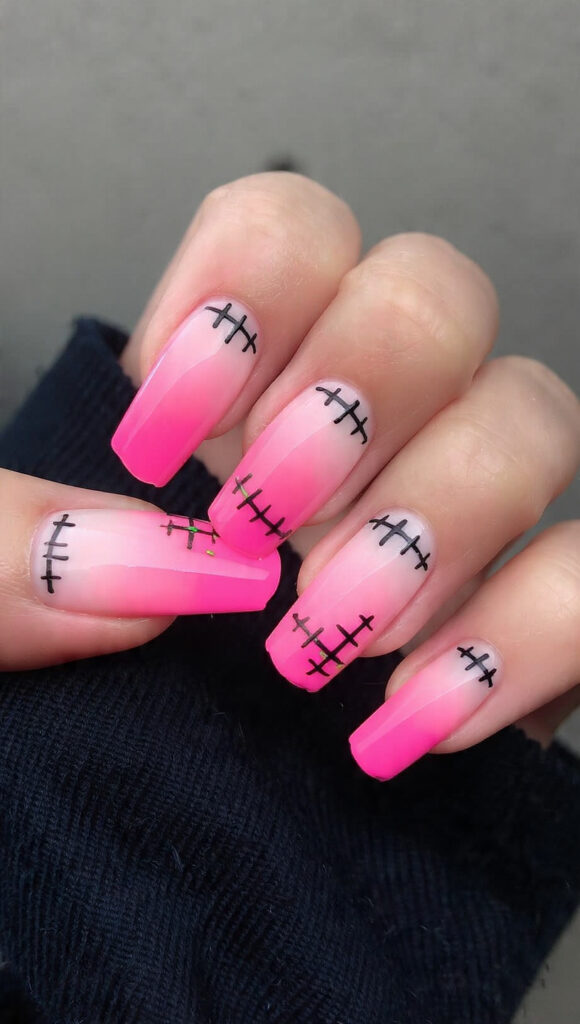 Pink Ombre Frankenstein Stitch Nails