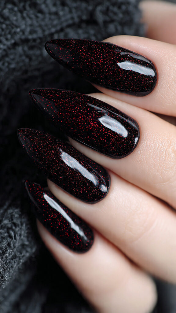 Glossy Black Stiletto Nails With Red Glitter Blood