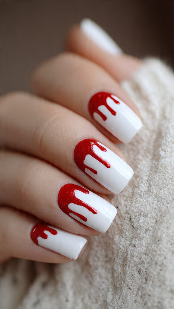 Coffin White Nails with Glossy Blood Drips
