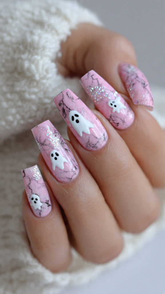 Pink Marble Ghost Coffin Nails