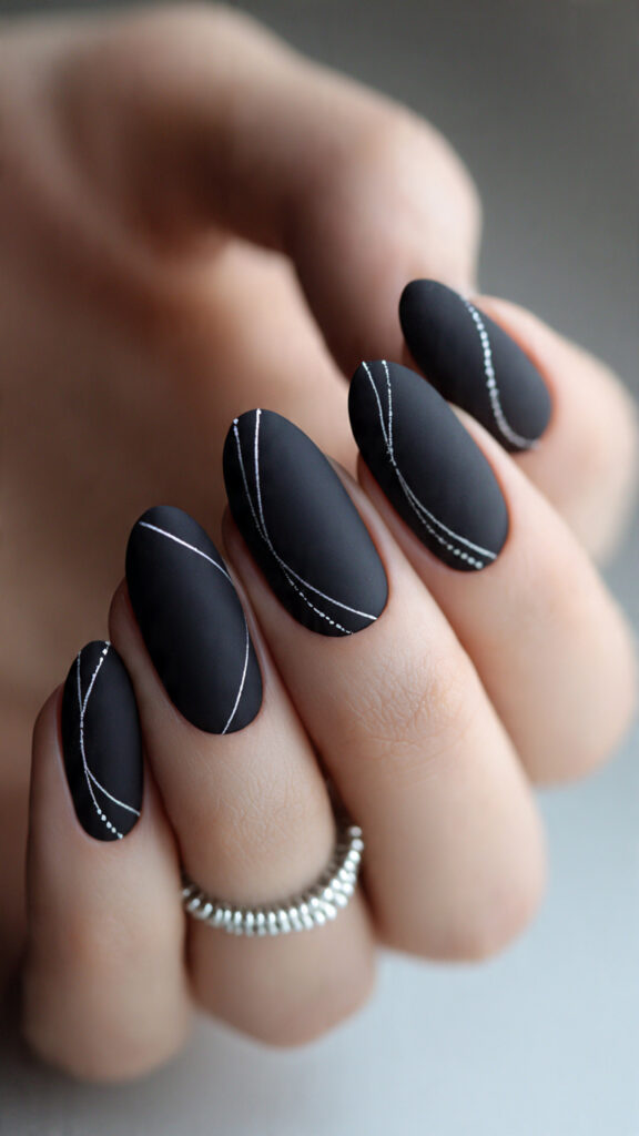 20 matte almond black nails with minimalist
