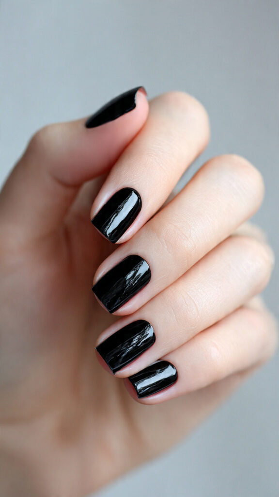 Minimalist Black Cat Accent on Glossy Black Nails