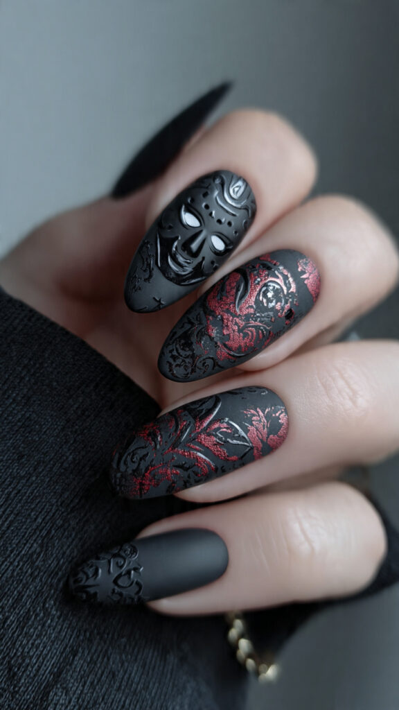 Matte Black Nails With Jason Mask