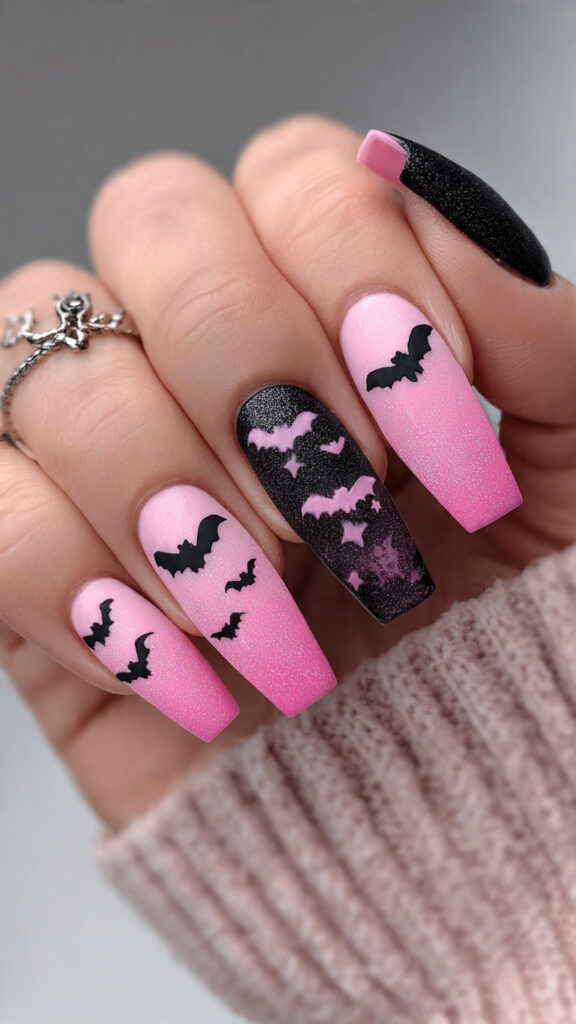 Pink Ombre Bat Coffin Nails