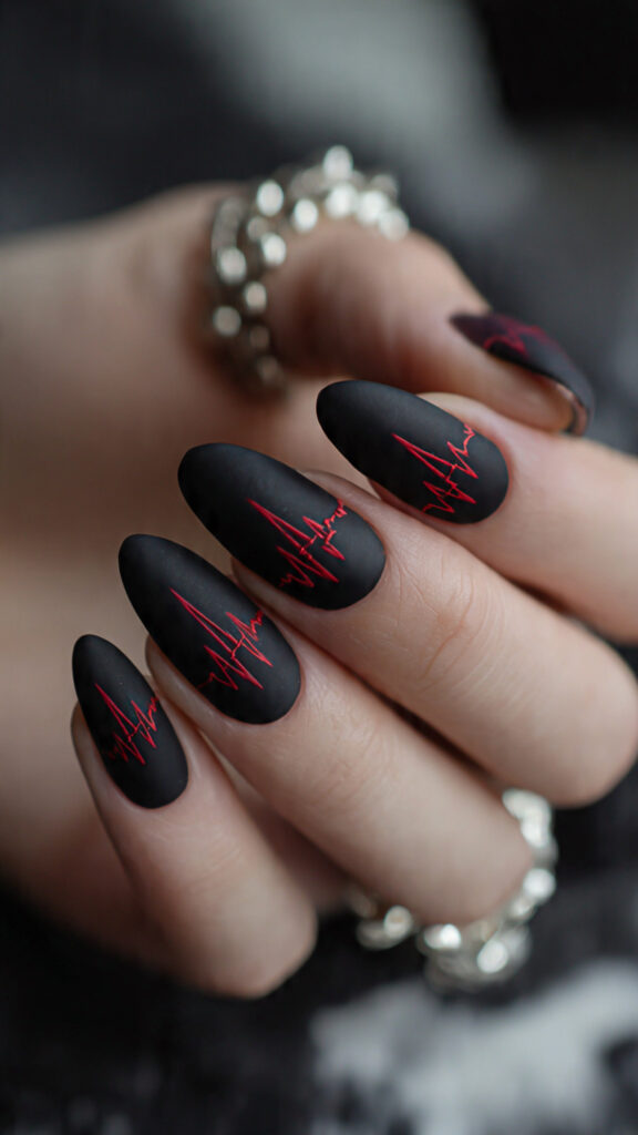 24 black electrocardiogram almond nails black nails 1