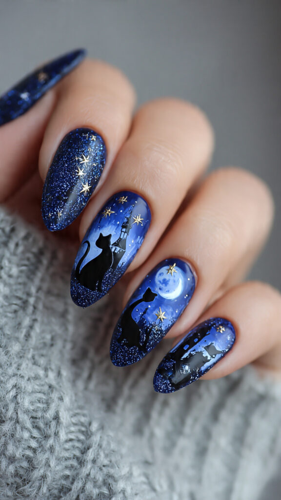Midnight Blue Nails With Black Cats and Stars
