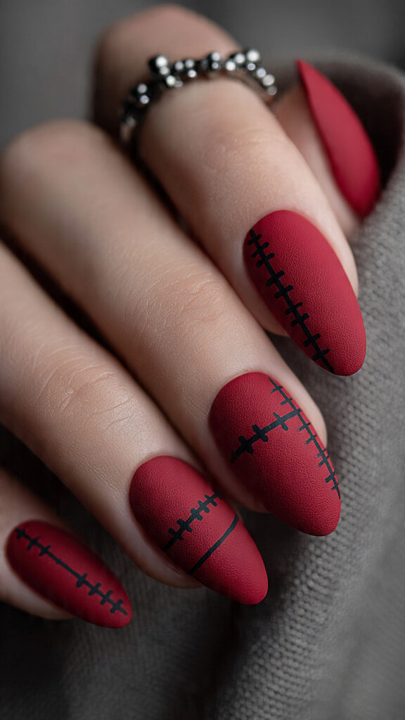 26 matte red nails with black stitches