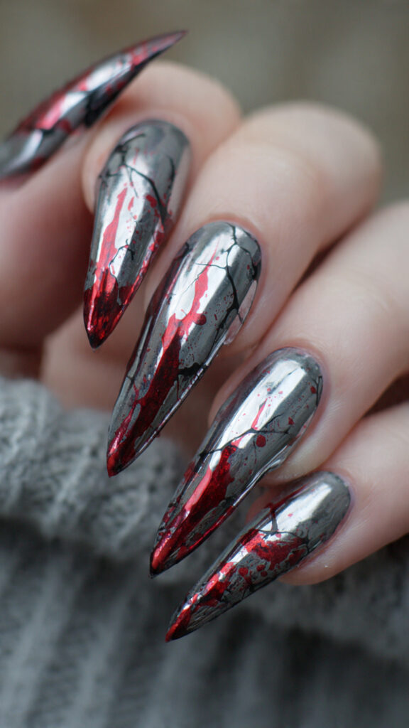 28 metallic claw nails with black veins