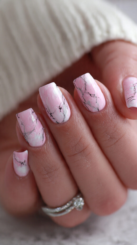 Pink Marble Square Nails with Drip Ghost Design