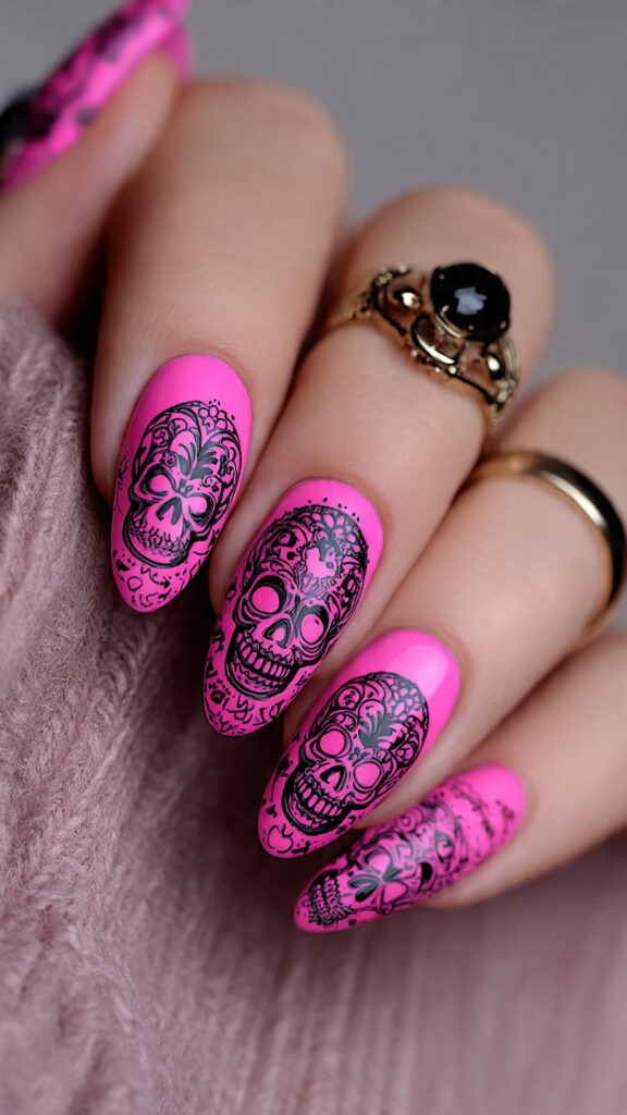 Neon Pink Almond Nails with Black Skull Stamping