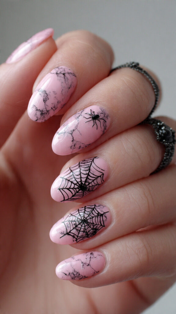 Pink Marble Spider Web Nails