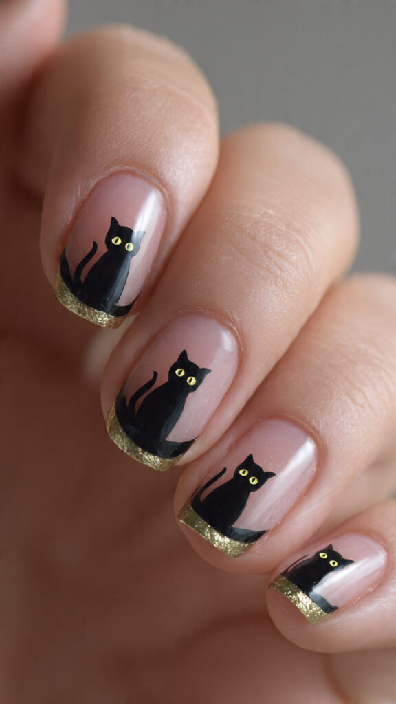 Black Cat French Tips With Gold Eyes