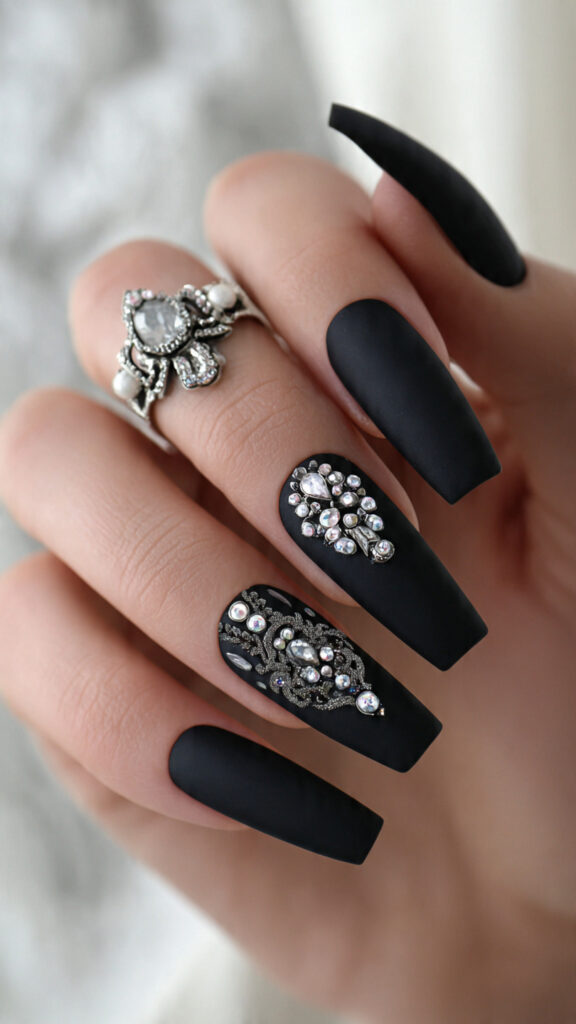 Matte Black Coffin Nails with Glitter Blood Drips