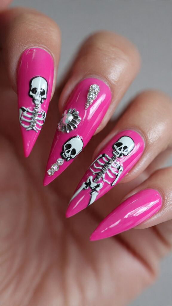Pink Skeleton 3D Stiletto Nails