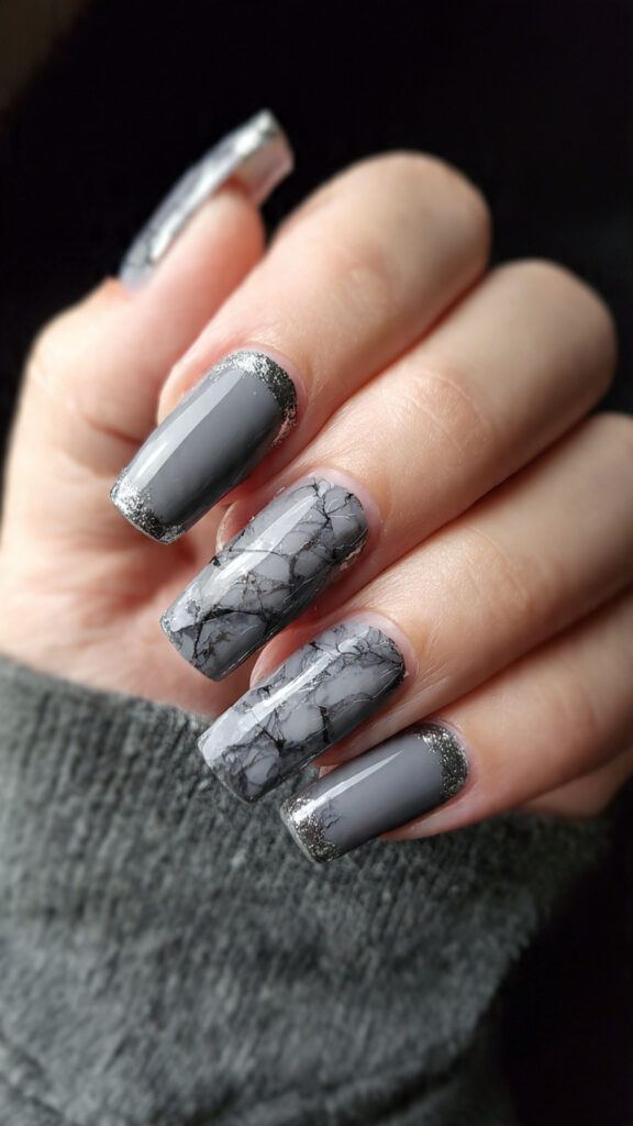 3 smokey grey marble french tips grey