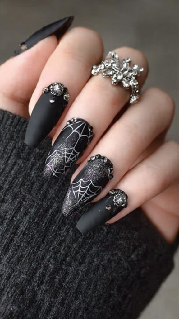 20 Spooky Nails to Try This Halloween: Creepy, Cute, and Stylish Ideas 5 4 matte black galaxy nails with spider