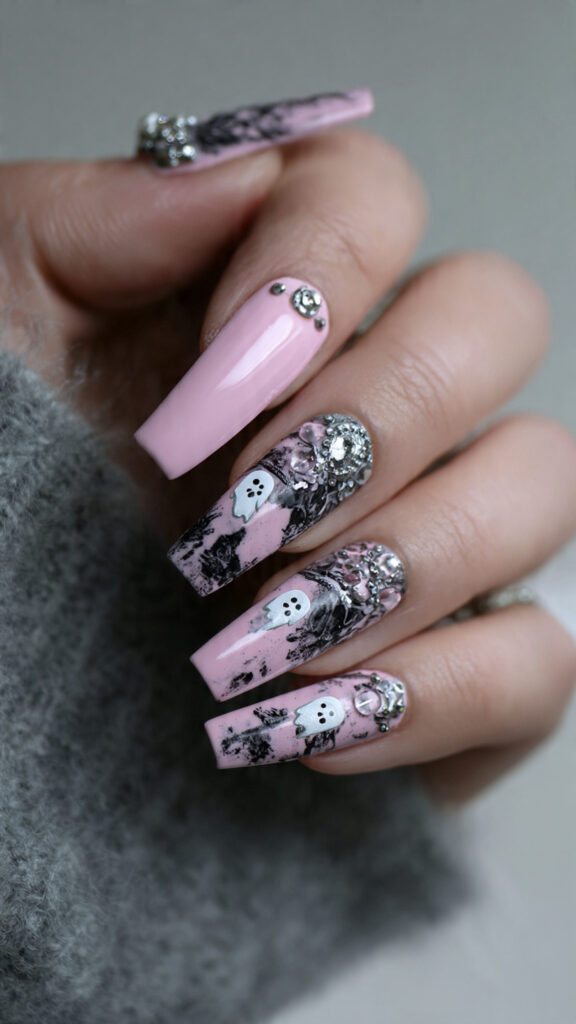 Pink Grunge Ghost Coffin Nails with Rhinestones