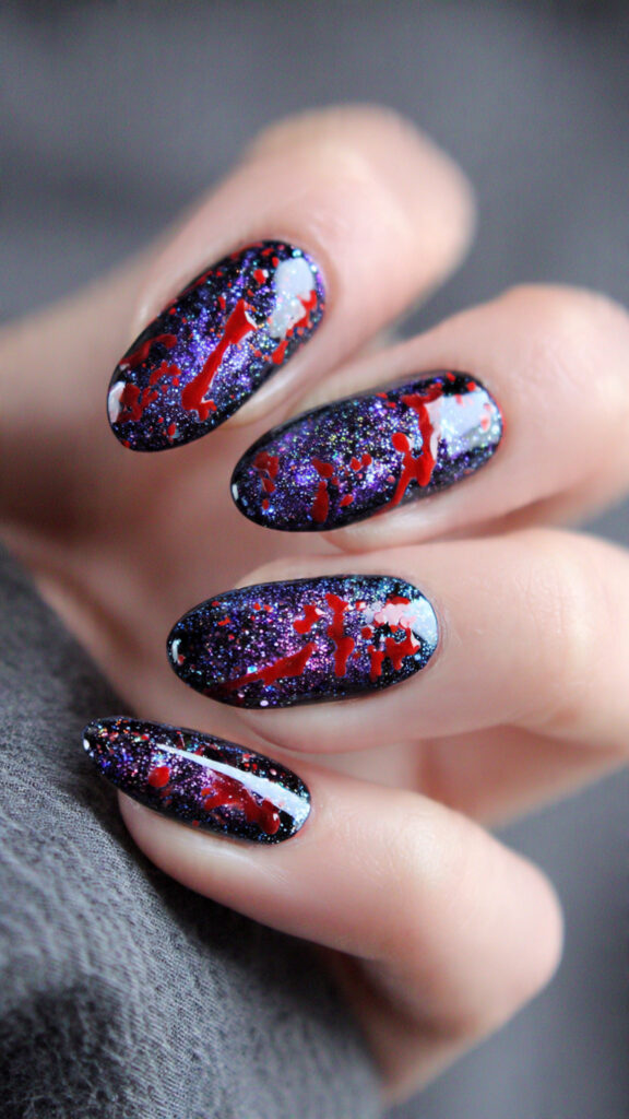 Galaxy Glitter Oval Nails with Red Blood Splashes