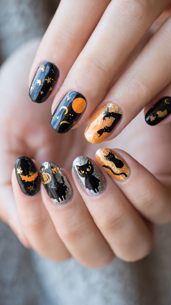 Halloween Mix and Match Black Cat Nail Art