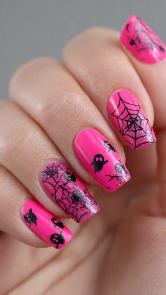 Hot Pink Ghost and Spider Web Nails