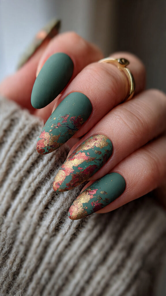 Matte Green Almond Nails with Blood and Gold Foil