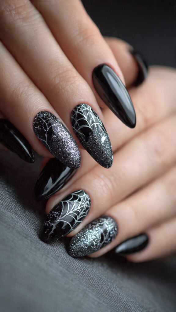 Black Cat With Crescent Moons and Glitter Webs