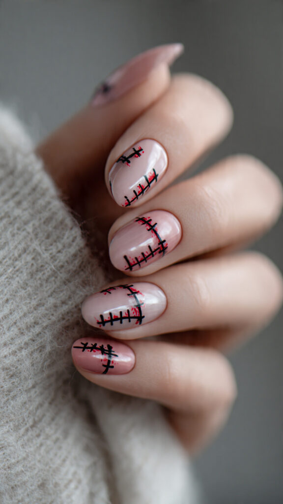 8 glossy stitched up nails nails with black