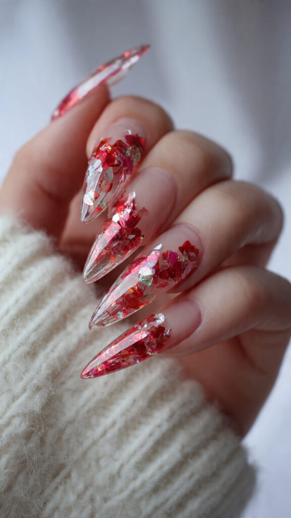 Clear Stiletto Nails with Red Foil Blood Shards