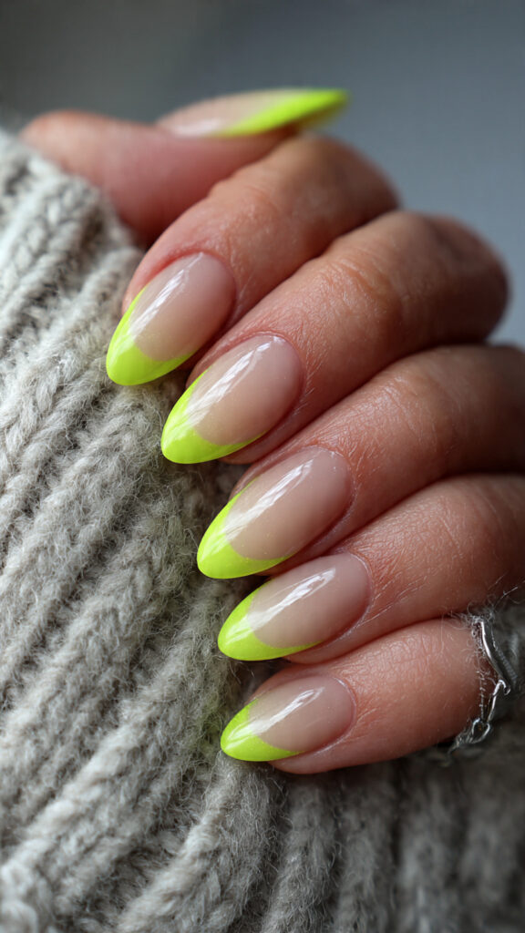 a close up of a neon green french