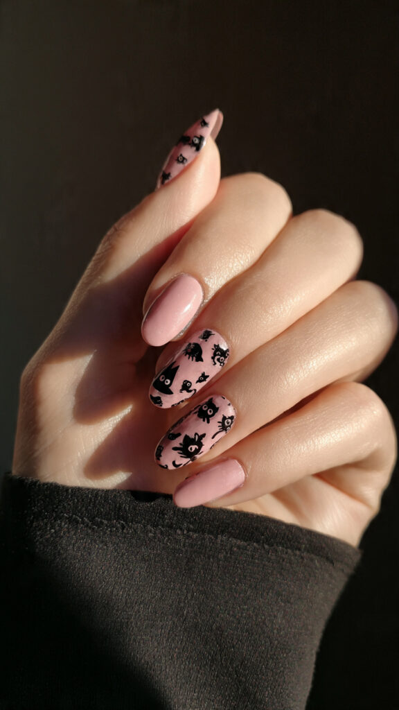 Witch Cat Nails on Matte Dusty Pink Base
