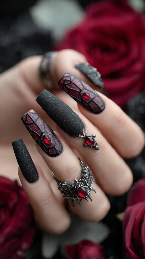 20 Spooky Nails to Try This Halloween: Creepy, Cute, and Stylish Ideas 18 black and coffin nails with webs and