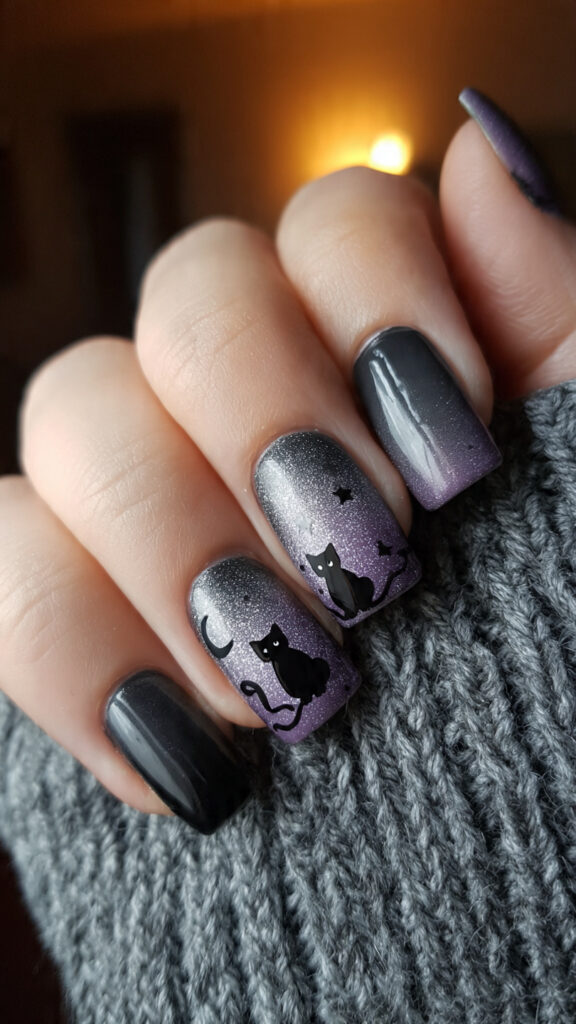 Black Cat and Crescent Moon Gradient Nails