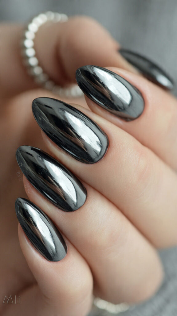 Black Chrome Almond Nails With High Shine