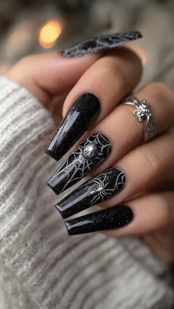 20 Spooky Nails to Try This Halloween: Creepy, Cute, and Stylish Ideas 6 black glitter coffin nails with 3d spider