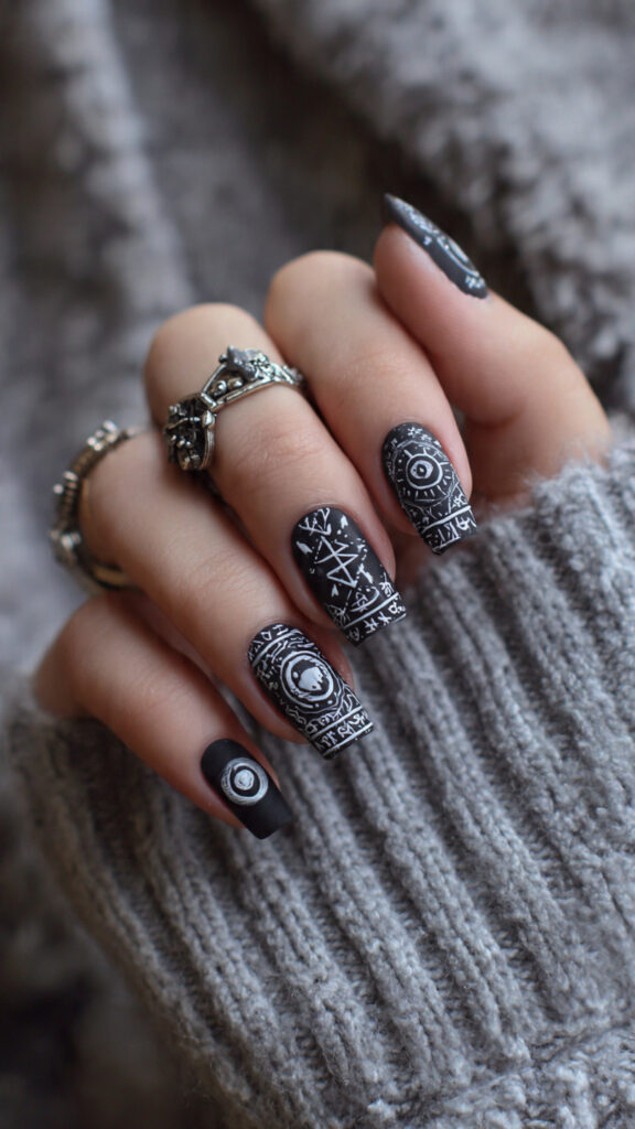 20 Spooky Nails to Try This Halloween: Creepy, Cute, and Stylish Ideas 16 black square nails with white mystical stamping 1