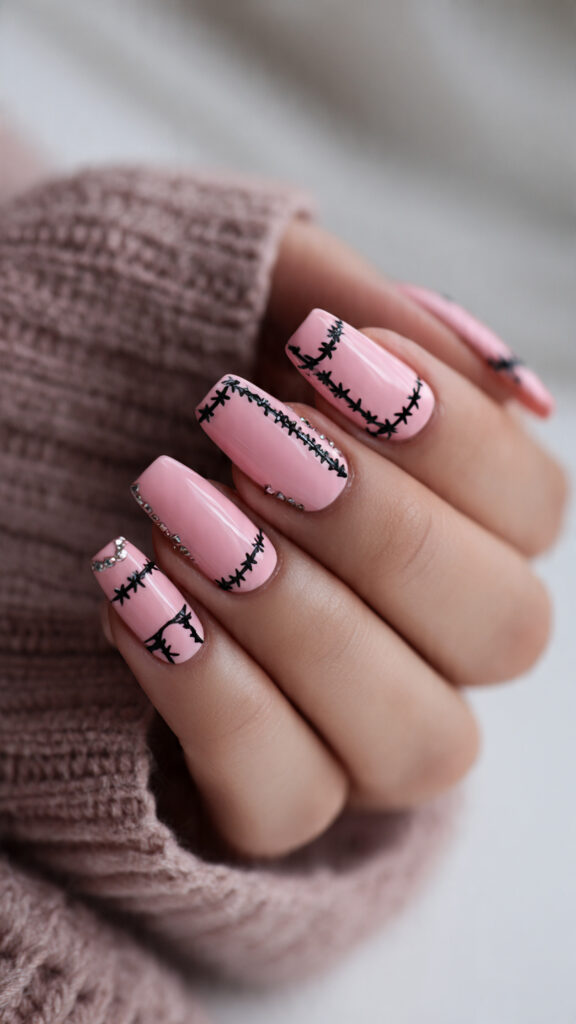 Pink Barbed Wire Stitched Nails