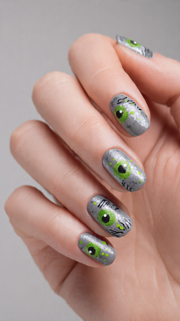 cartoon zombie eyes and hands nail art