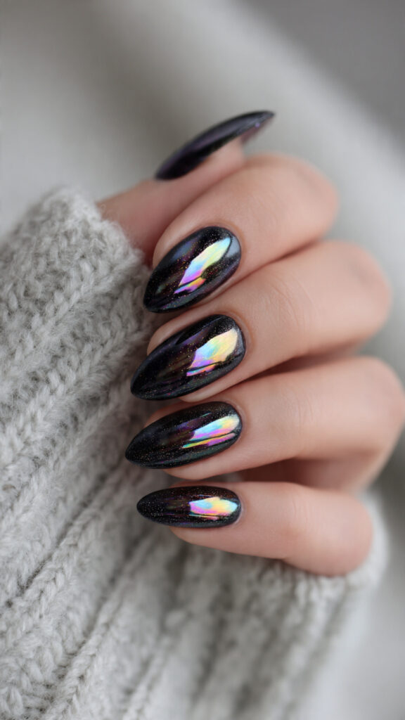 20 Spooky Nails to Try This Halloween: Creepy, Cute, and Stylish Ideas 4 chrome ombr almond nails with holographic scream