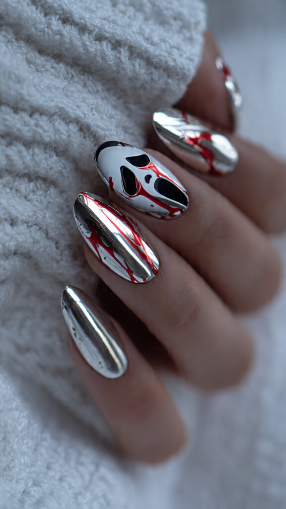 chrome oval nails with metallic ghostface art